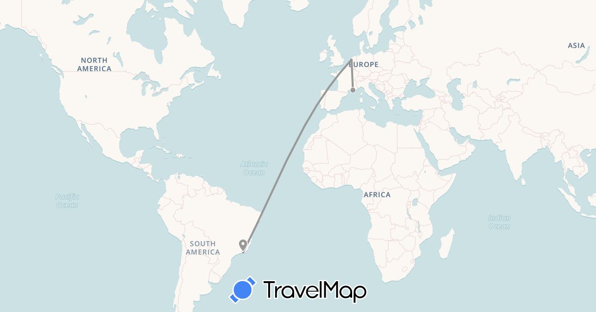 TravelMap itinerary: plane in Brazil, France, Netherlands (Europe, South America)